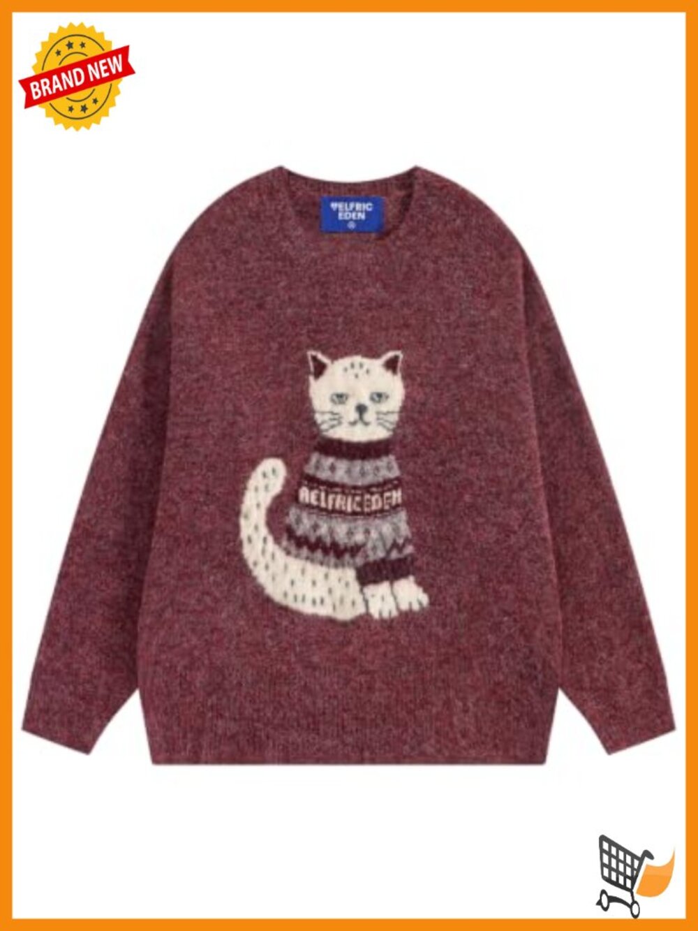 Fair Isle Cat Graphic Knit Pullover Sweater Crew Neck Long Sleeve